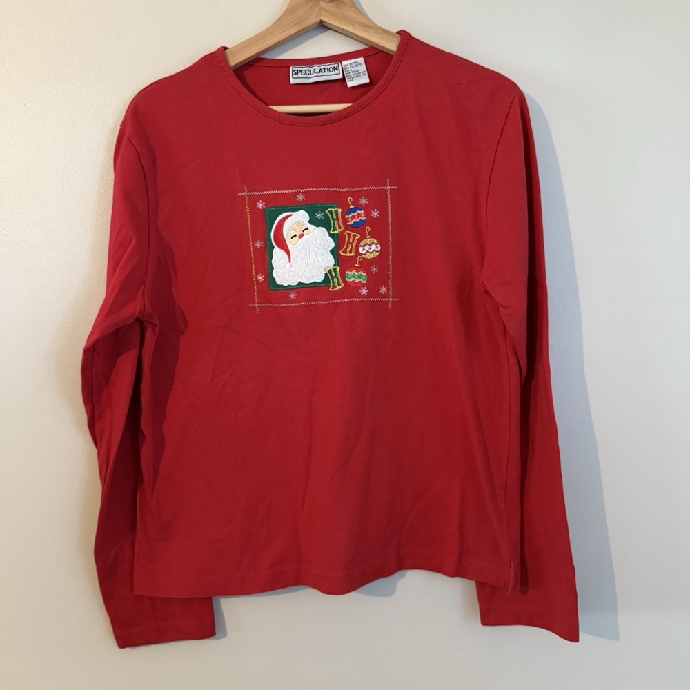 Women's Speculation Santa Embroidered Christmas Pullover Top Size Large‎